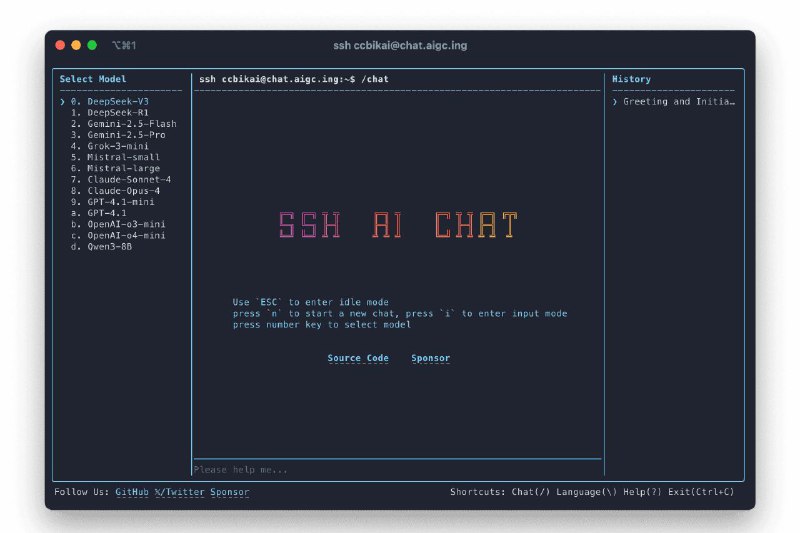 #GITHUB #AI #工具👩‍💻 SSH AI Chat - 通过 SSH 与 AI 聊天▎项目介绍