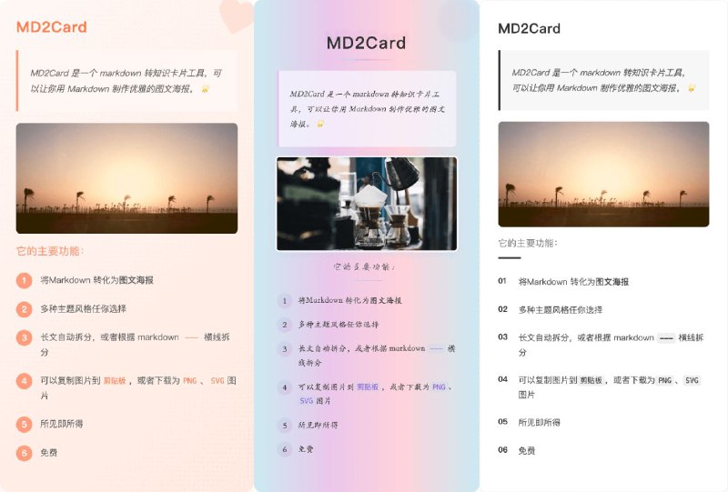 #网站 #工具🔖 MD2Card - Markdown 转知识卡片工具▎网站介绍