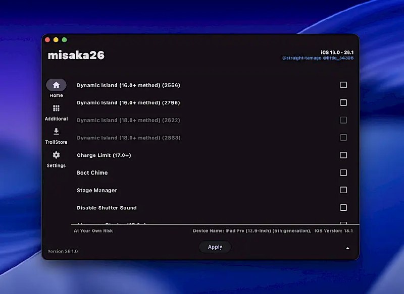 ⭐️ #软件 #工具😄 misaka26 - iOS/iPadOS 16.0 - 26.1 系统定制增强工具▎软件平台