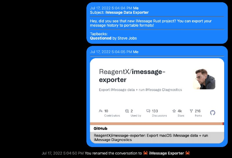 ⭐️ #软件 #工具 #开源🌈 imessage-exporter - iMessage 聊天记录导出备份工具▎软件平台