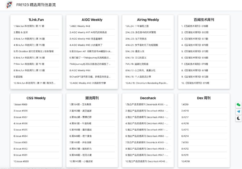 #网站 #期刊🗞 FRE123 精选周刊信息流 - 汇聚30+优质精选技术周刊▎网站功能