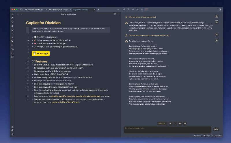 #插件 #工具 #辅助 #AI🤖 Copilot for Obsidian - 一个集成在 Obsidian 中的 Copilot 助手▎插件功能