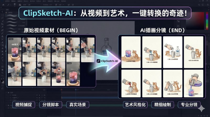 ⭐️ #GITHUB #AI #工具➡️ ClipSketch AI - 一键将视频转化为精美的手绘风格故事板▎项目介绍