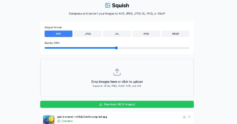 #网站 #图像 #开源🖼️ Squish - 基于浏览器的现代图像压缩工具▎网站介绍